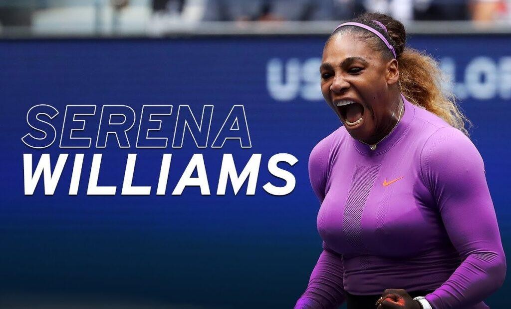 Serena Williams w zbliżeniu, skupiona podczas meczu tenisowego, z widoczną determinacją.